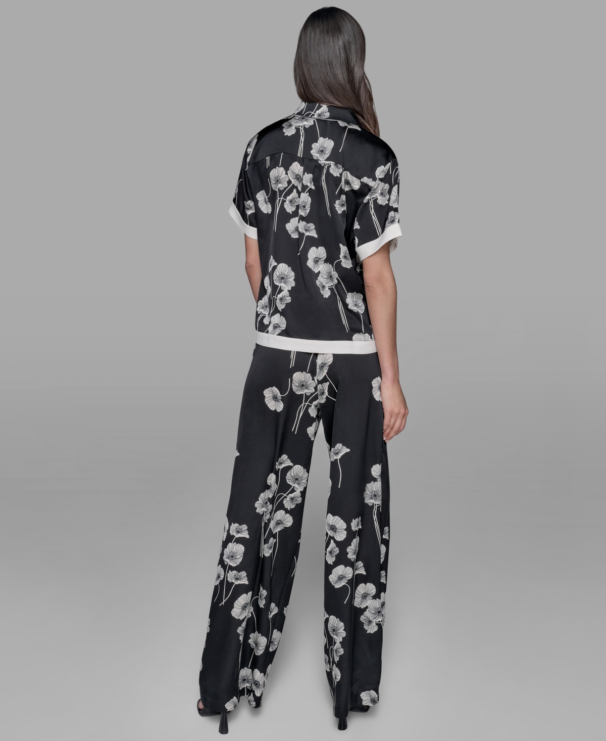Karl Lagerfeld Petite Floral Print Satin Button-front Shirt In Black
