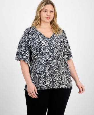 Plus Size Printed Flared-Sleeve V-Neck Top, Exclusively at Macy's