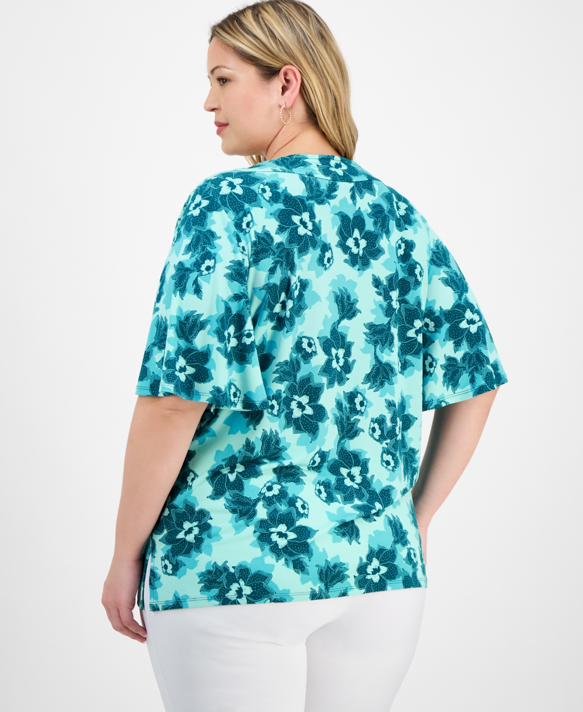 Jm Collection Plus Size Printed Flared-sleeve V-neck Top, Exclusively At Macy's