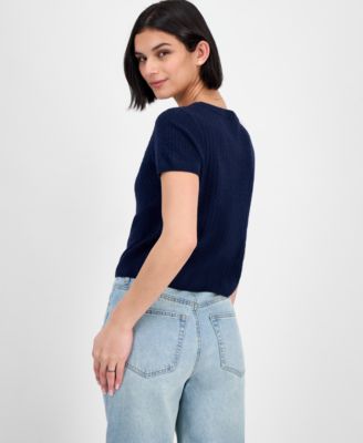 Juniors' Short-Sleeve Crewneck Cable-Knit Sweater