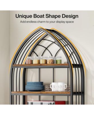 Tall Bookshelf, Industrial Curved Freestanding Display Shelf, Wood Storage Shelves with Metal Frame for Living Room