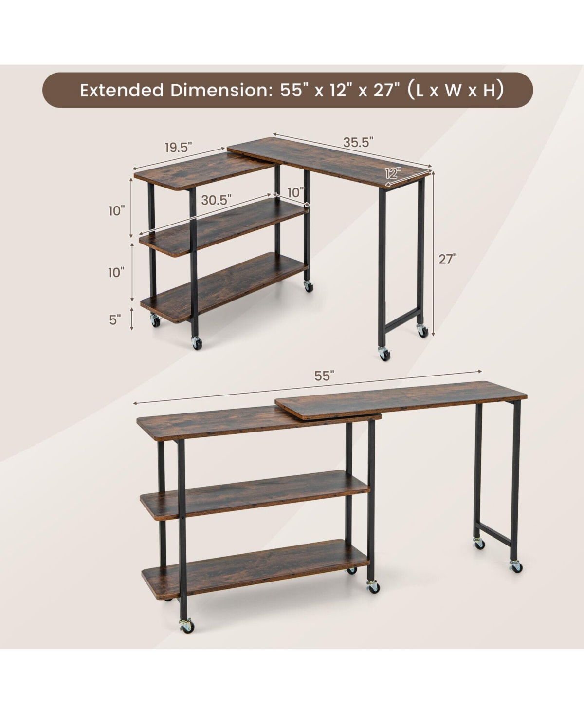 360° Rotating Sofa Side Table with 2-Tier Storage Shelves