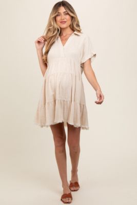 Maternity Cream Tiered Linen Dress