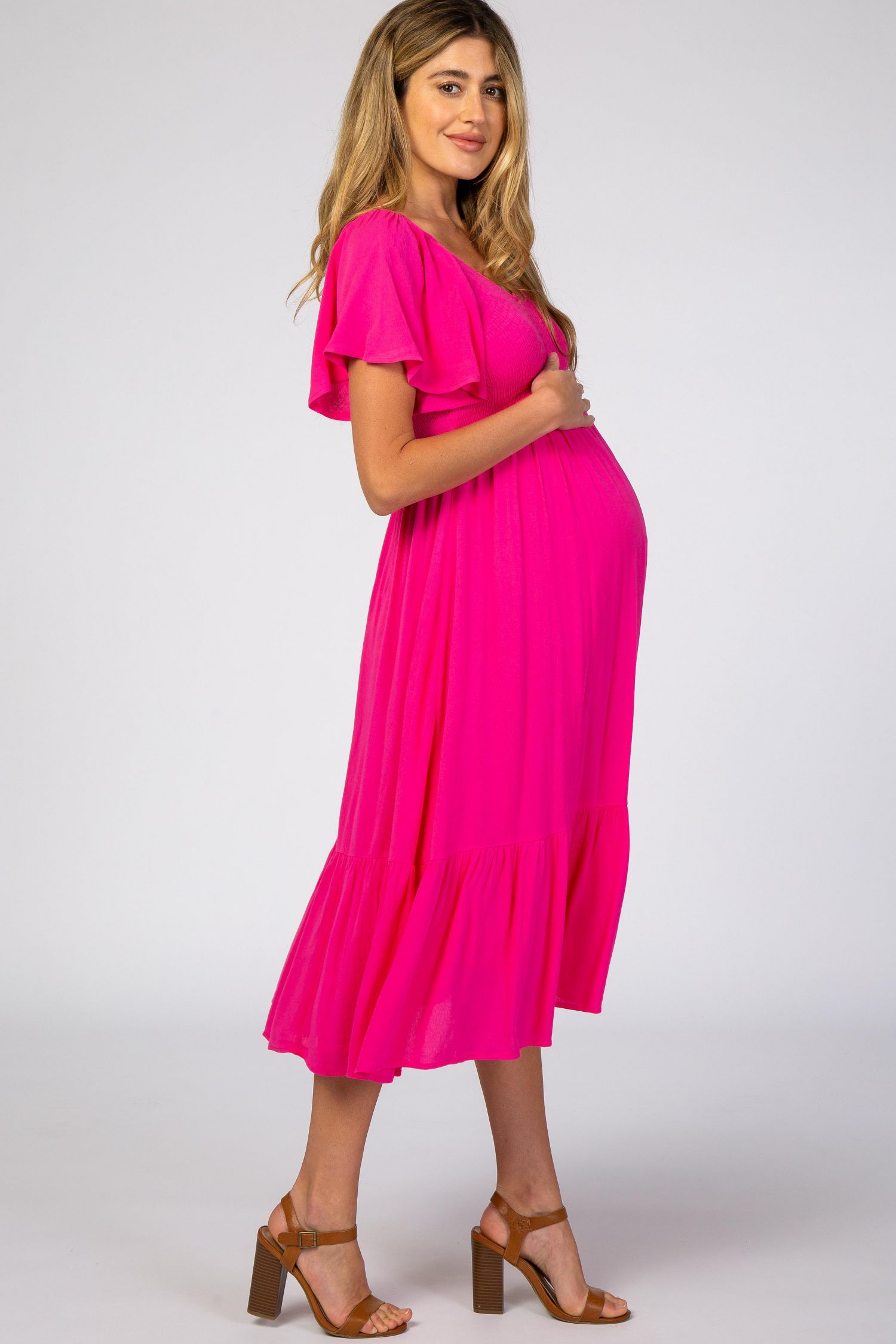 Women's Fuchsia Smocked Ruffle Dress