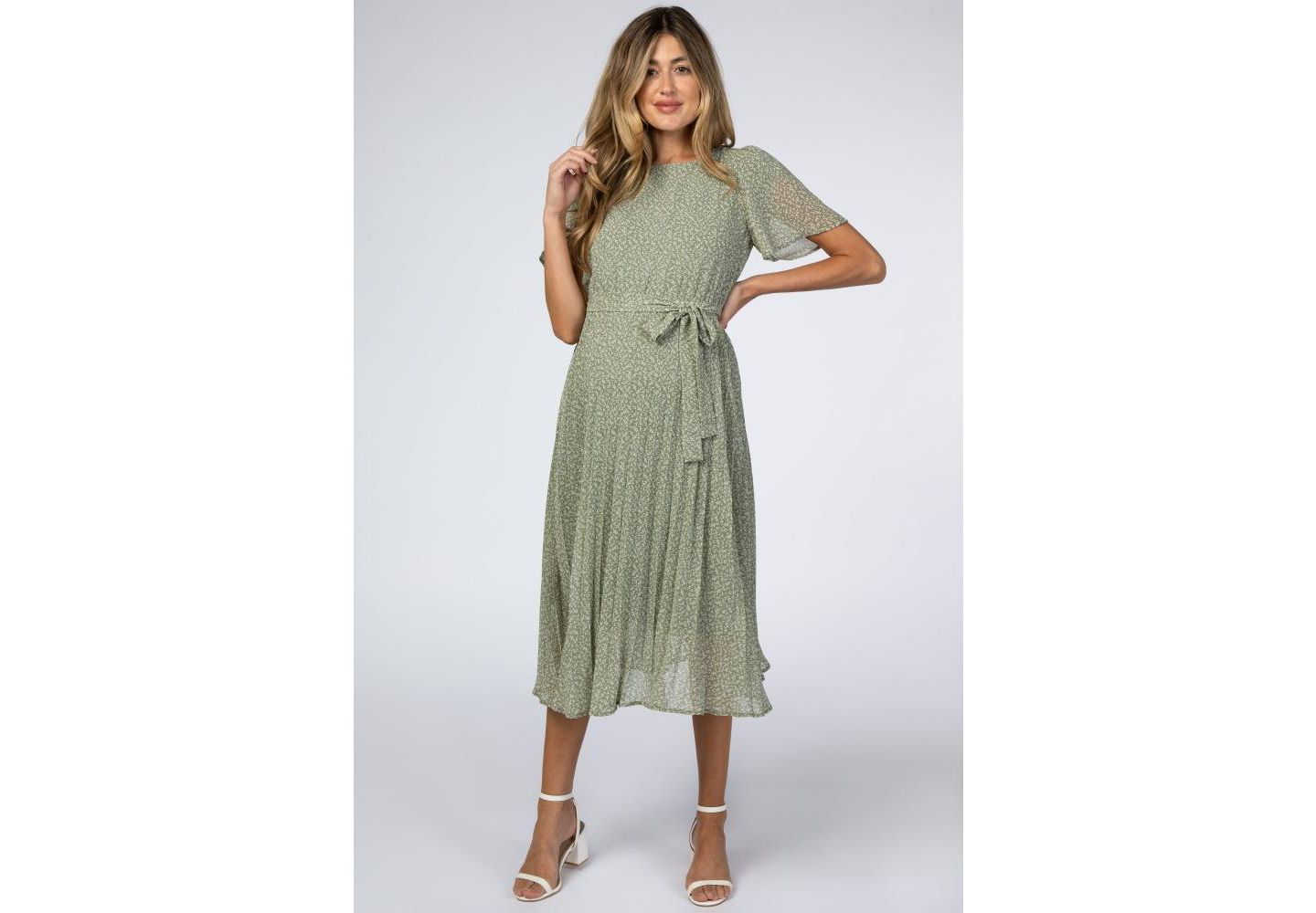 Женское платье Pinkblush Light Olive Leaf Print Pleated Midi, цвет: Светлый оливковый — фото 1