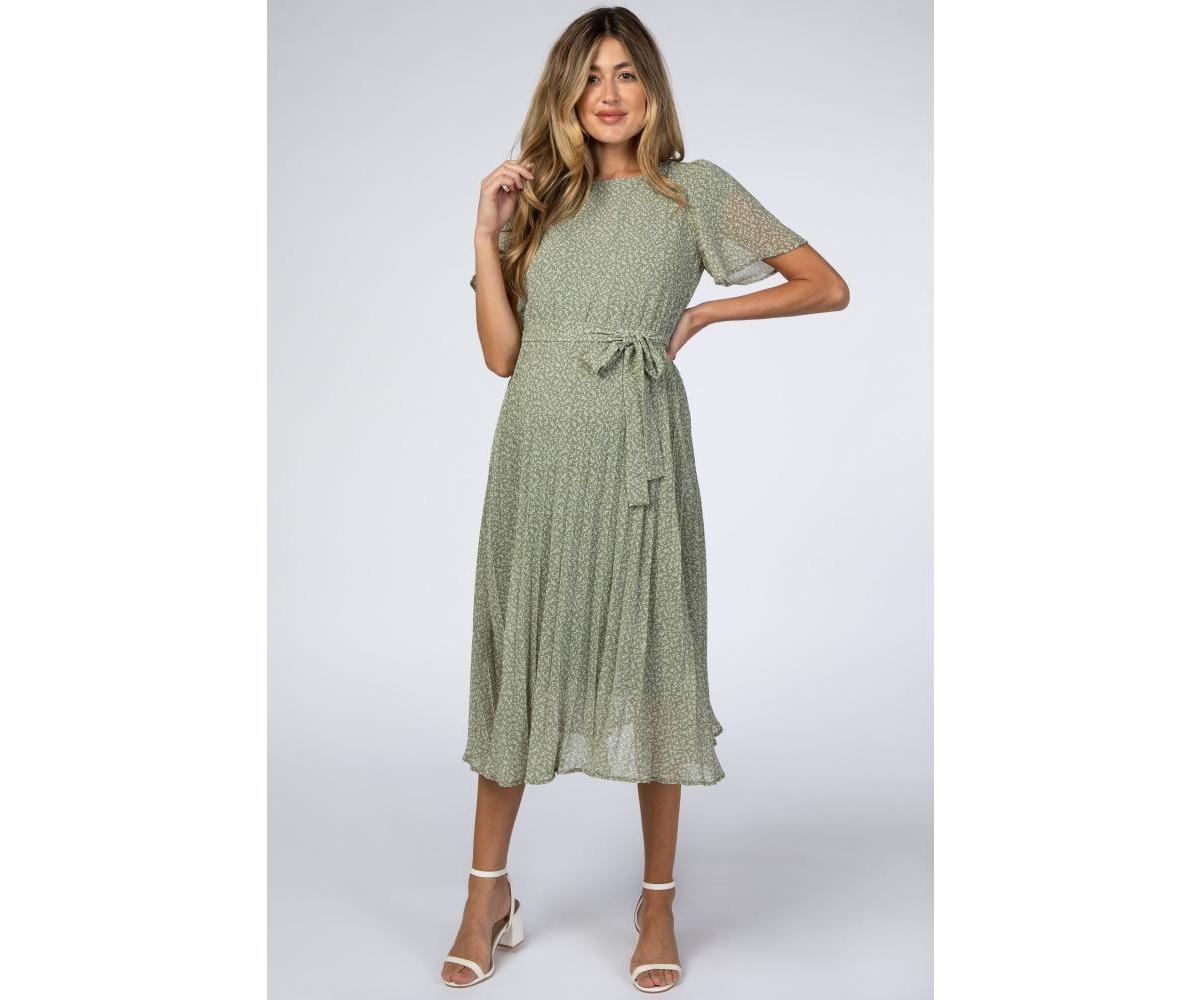 Maternity Light Olive Leaf Print Pleated Midi Dress - Light olive
