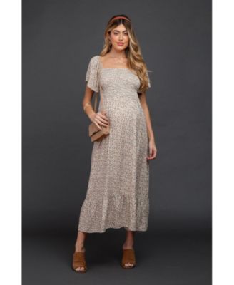 Maternity Mustard Floral Smocked Maxi Dress