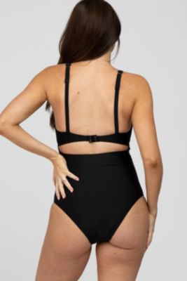 Maternity Black Ruched Sides Front Cutout One Piece Swimsuit