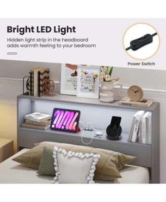 Twin Size Wooden Bed Frame w/ Charging Station & LED Light Storage Headboard