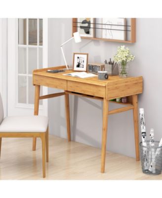 Bamboo Writing Desk with 2 Storage Drawers and Open Shelf