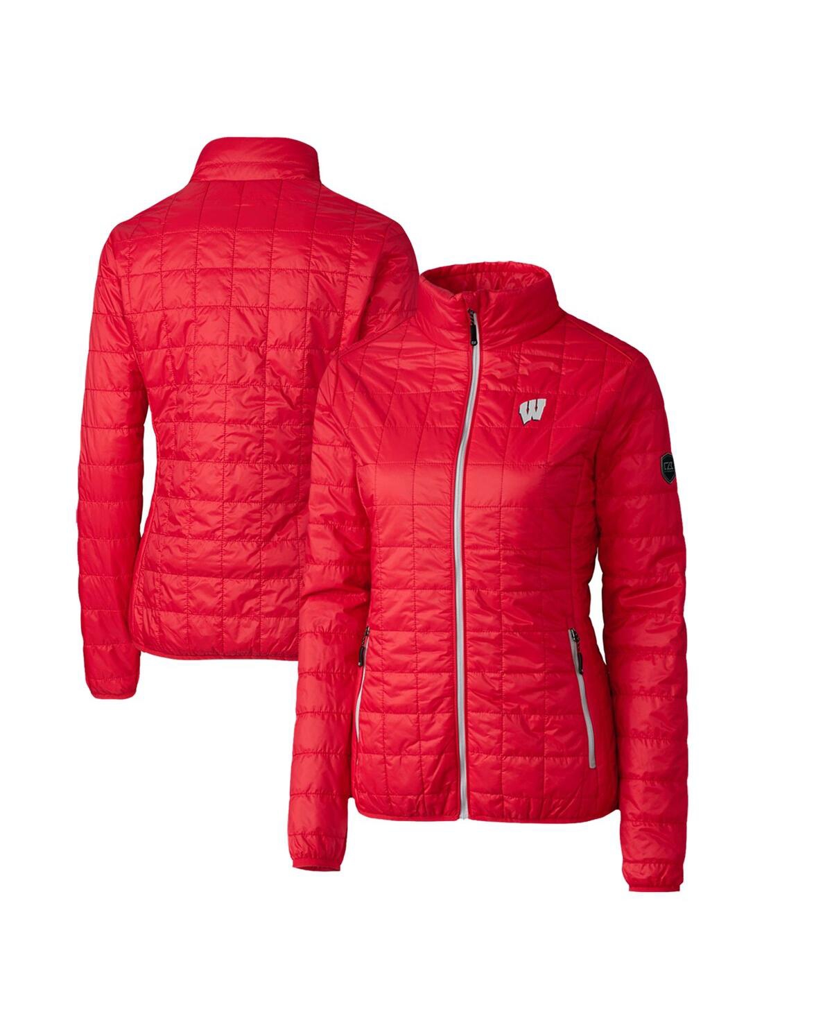 CUTTER & BUCK WOMEN'S RED WISCONSIN BADGERS RAINIER ECO INSULATED PUFFER FULL-ZIP JACKET 
