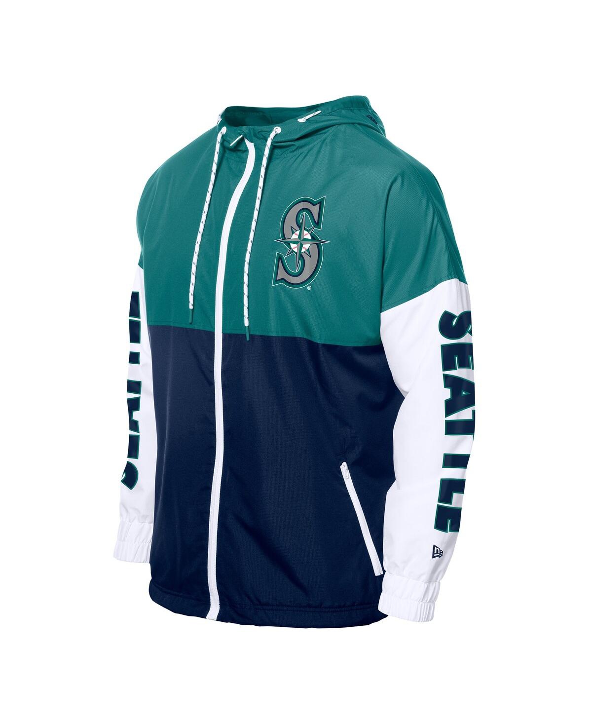 NEW ERA MEN'S NAVY/AQUA SEATTLE MARINERS COLOR BLOCK FULL-ZIP HOODIE WINDBREAKER JACKET 