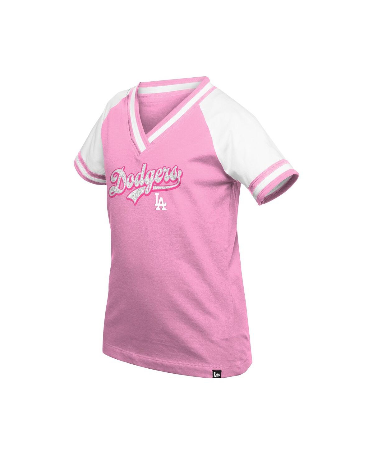 NEW ERA BIG GIRLS PINK LOS ANGELES DODGERS MOMMY ME RAGLAN V-NECK T-SHIRT 