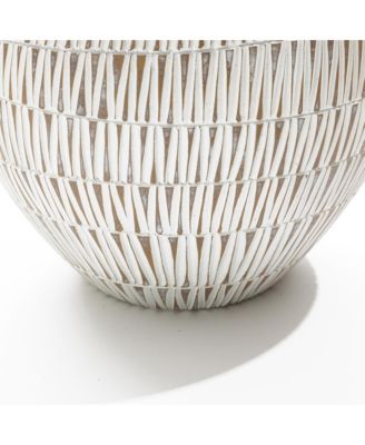 White with Gold V-Pattern Polyresin 12-Inch Round Planter