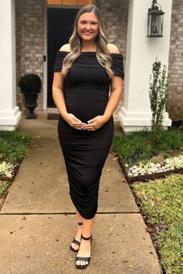 Maternity Black Off Shoulder Ruched Midi Dress