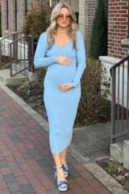 Maternity Light Blue V-Neck Long Sleeve Fitted Maxi Dress