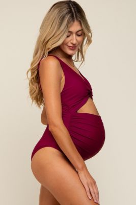 Maternity Plum Ruched Sides Front Cutout One Piece Swimsuit
