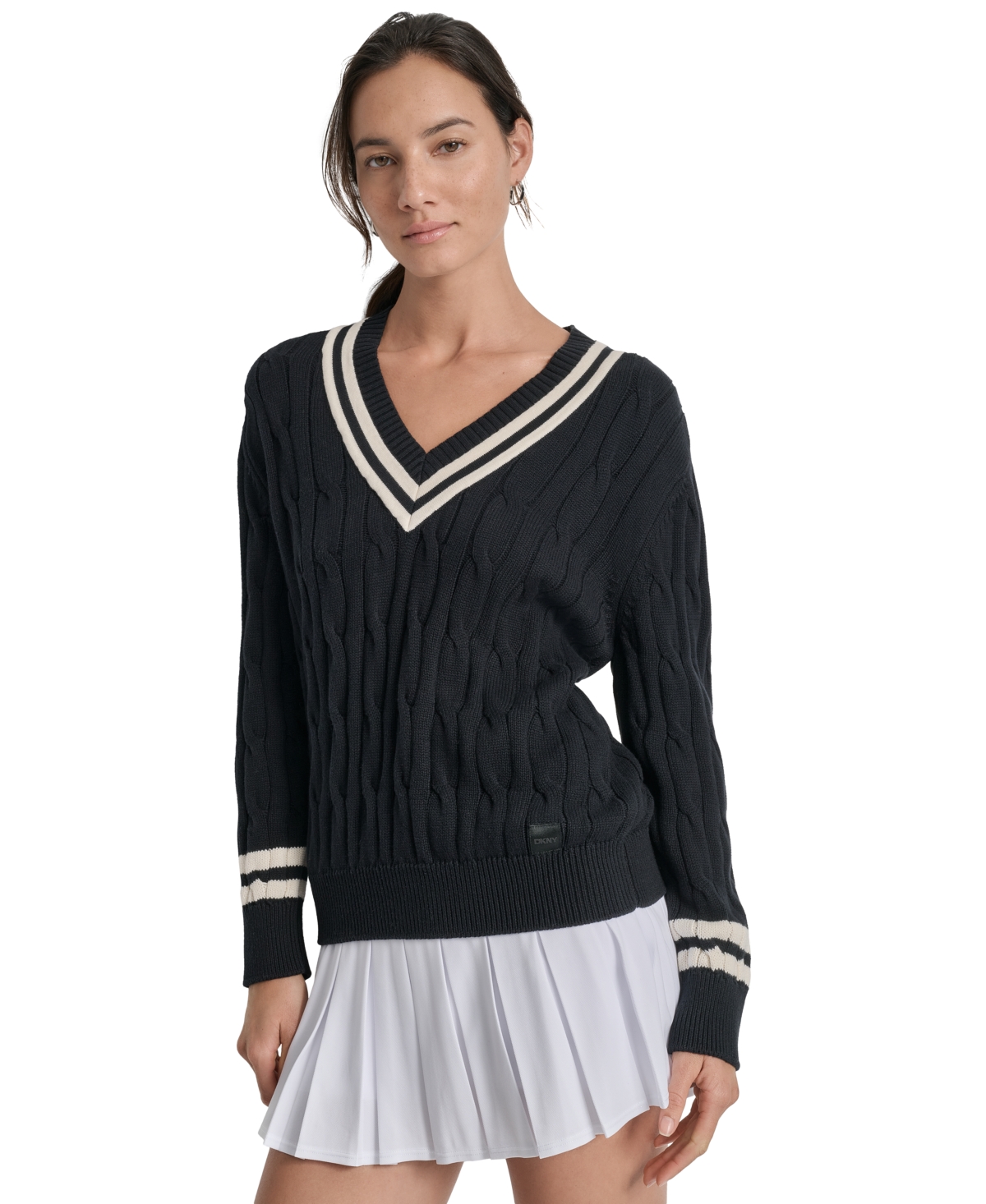 Sport Women's Cotton Cable Knit V-Neck Sweater - Eggnog/ Black