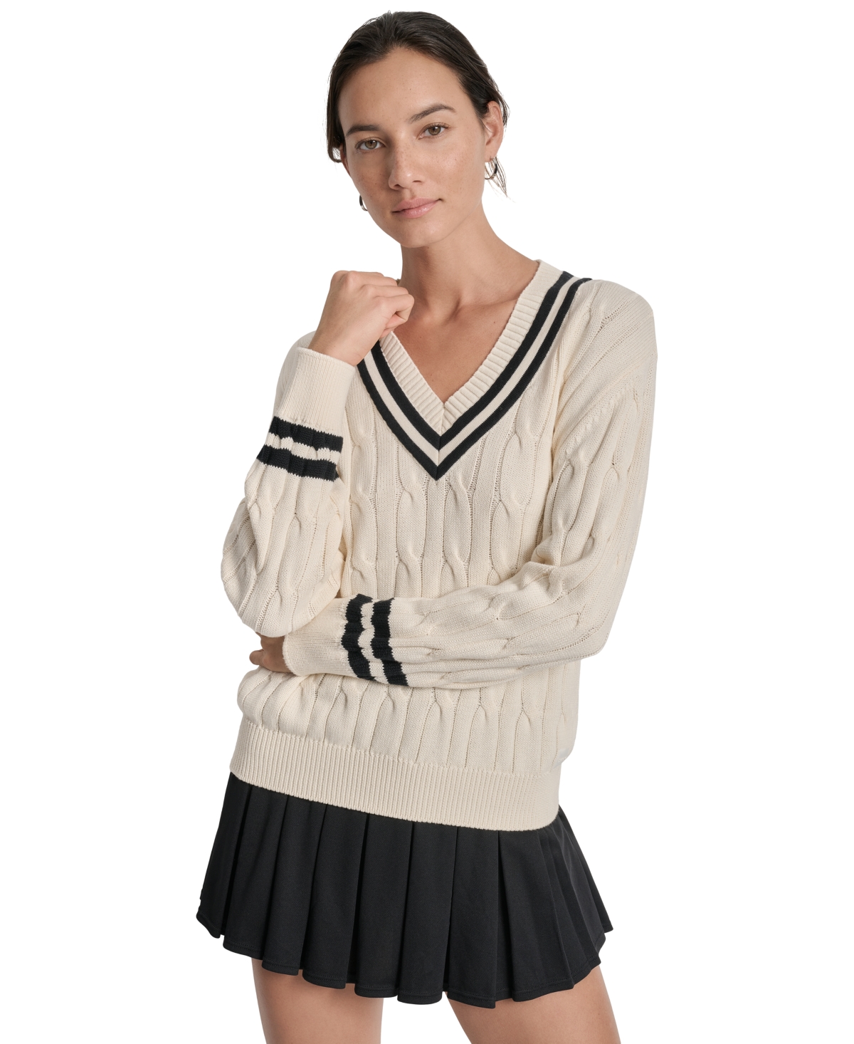 Sport Women's Cotton Cable Knit V-Neck Sweater - Eggnog/ Black
