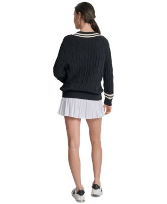 売れ筋商品|||ダナ キャラン ニューヨーク カットソー トップス レディース Women's Cotton Cable Knit V-Neck Sweater Eggnog/ Black DKNY Women's Cotton Cable Knit V-Neck Sweater - Macy's
