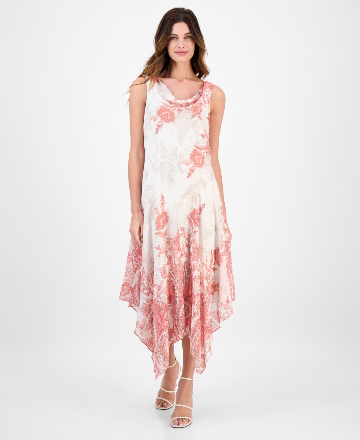 Women's Cowlneck Handkerchief-Hem Dress - Ivory Coral