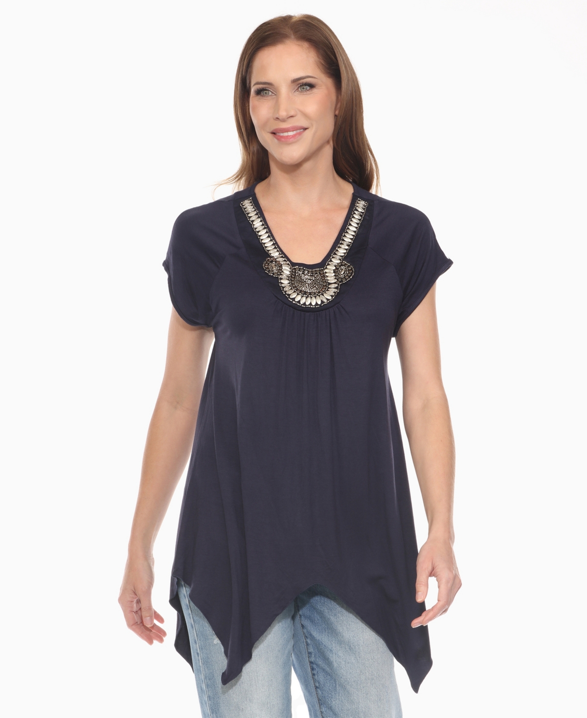Women's Beaded Angled Hem Knit Top - Coral Pink
