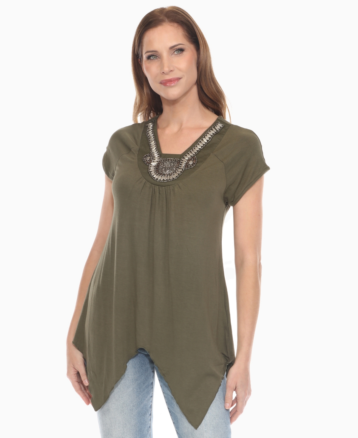Women's Beaded Angled Hem Knit Top - Coral Pink