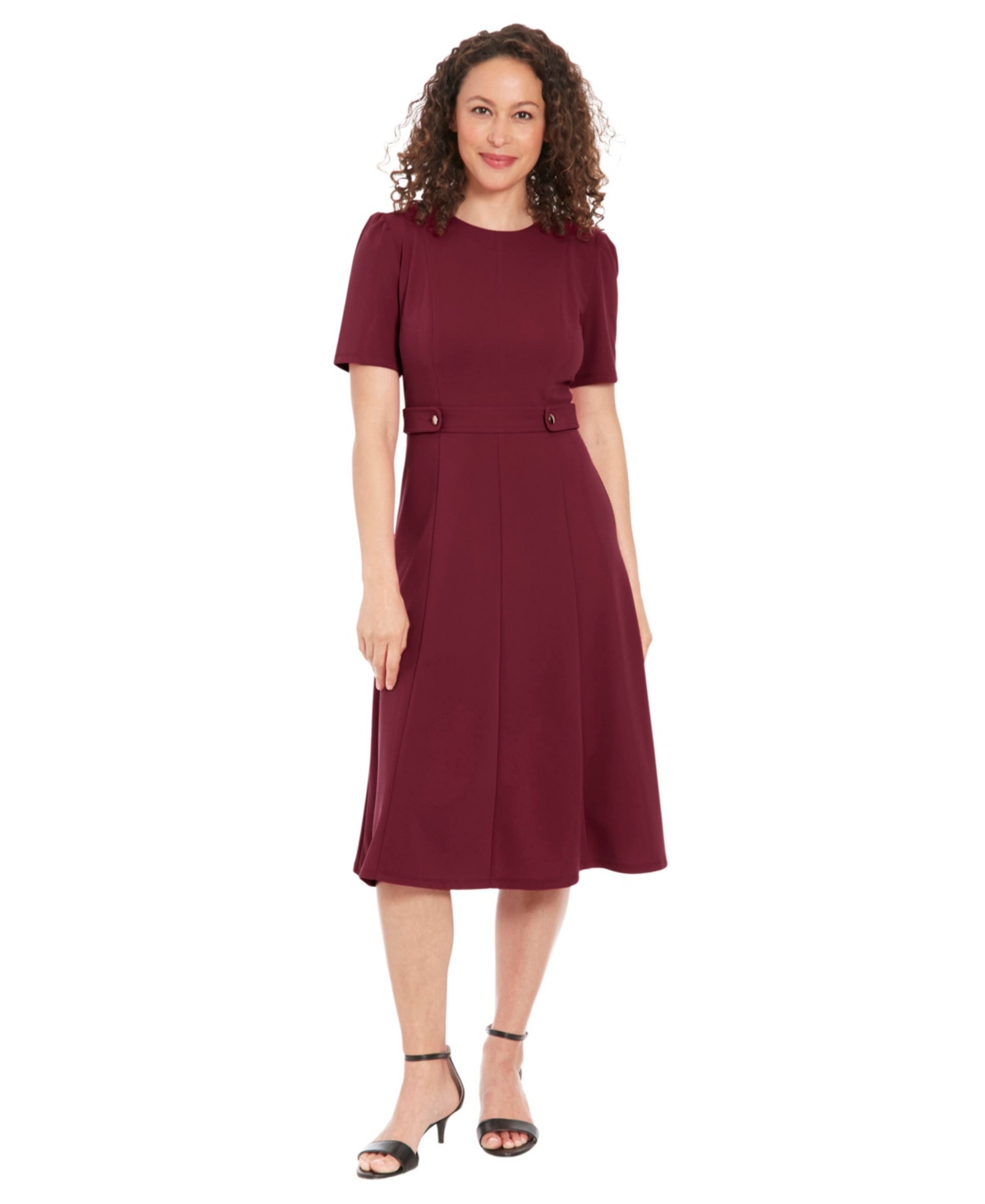 Women's Puff-Sleeve Tab-Detail Fit & Flare Dress - Winery