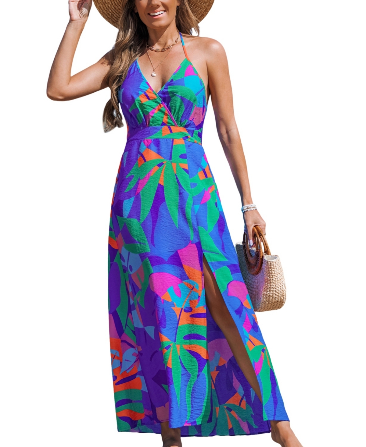 Women's Crushed Tropical Maxi Beach Dress - Medium blue