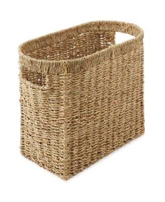 Magazine Holder Basket with Handles, Whitewash - Oval Water Hyacinth Storage Bin for Bathroom, Home Office