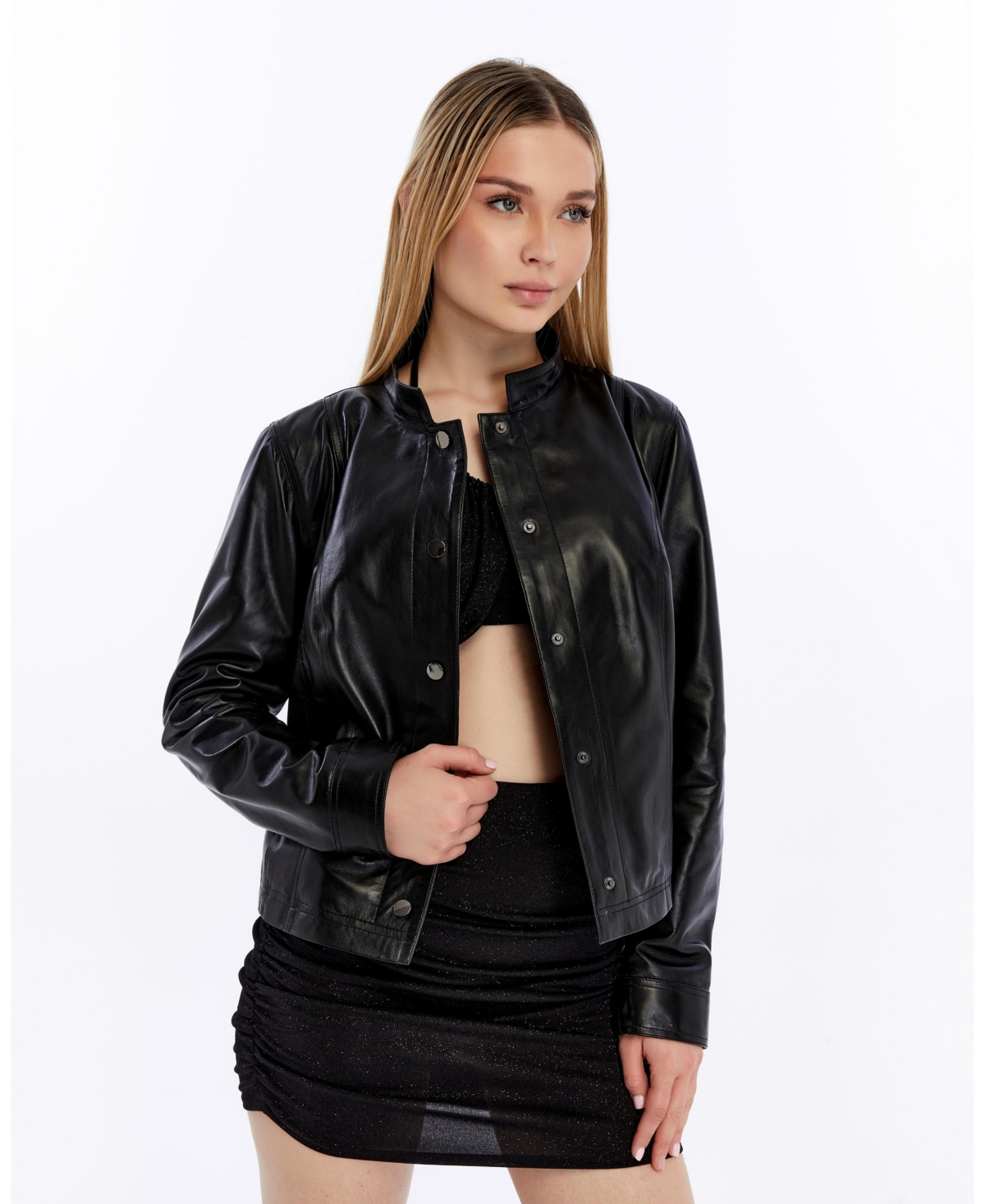Women's Leather Bomber Jacket, Created for Macy s - Black