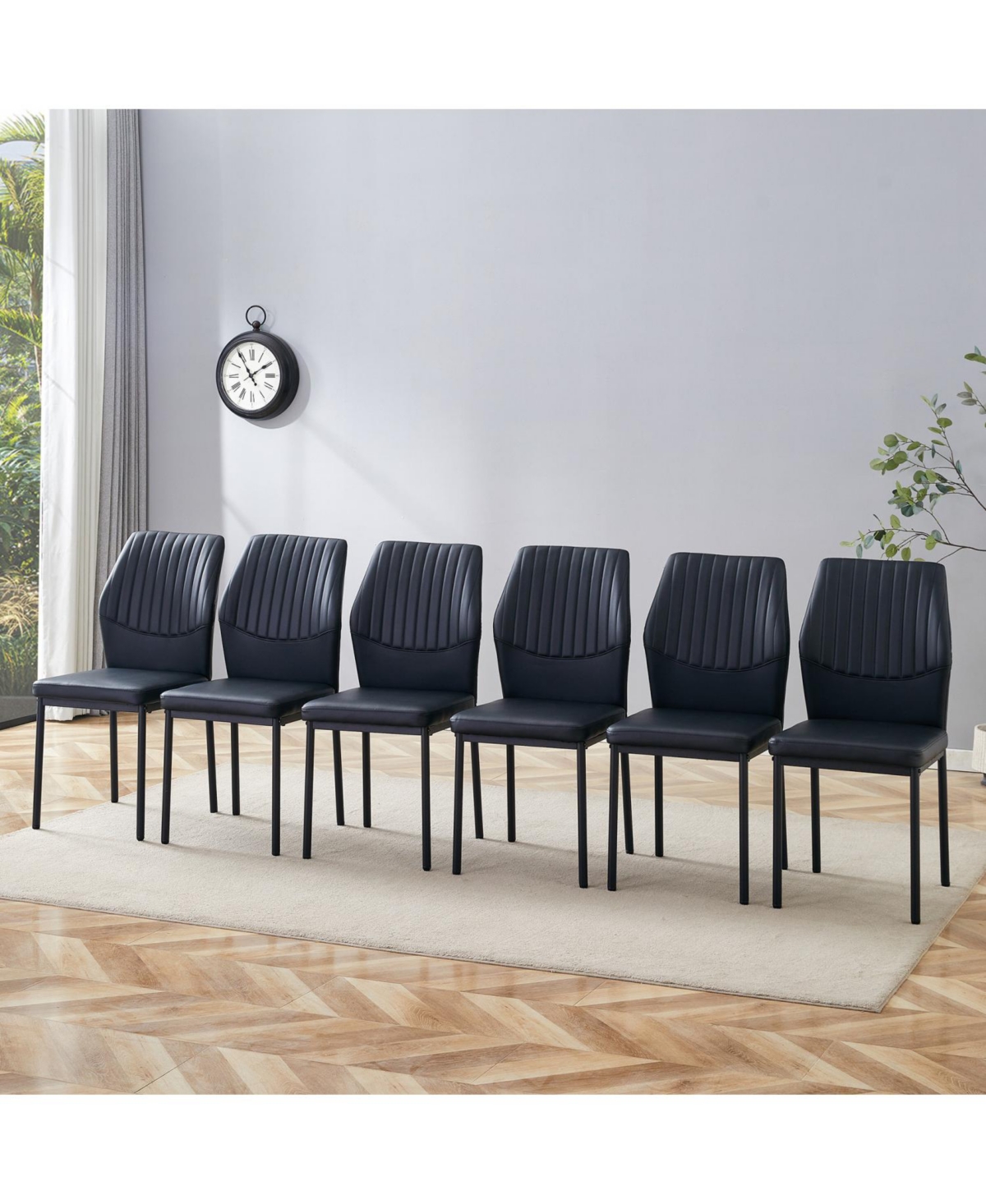 Black Pu Dining Chairs - Set of 6, Metal Legs, Stripe Back