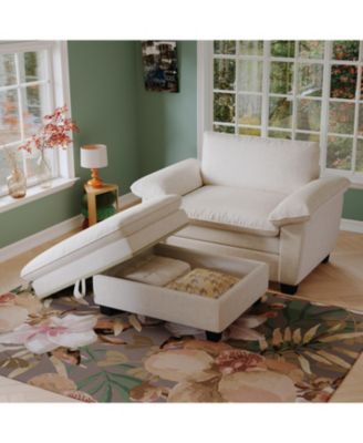 51" Beige Chenille Chaise Lounge with Ottoman & Storage