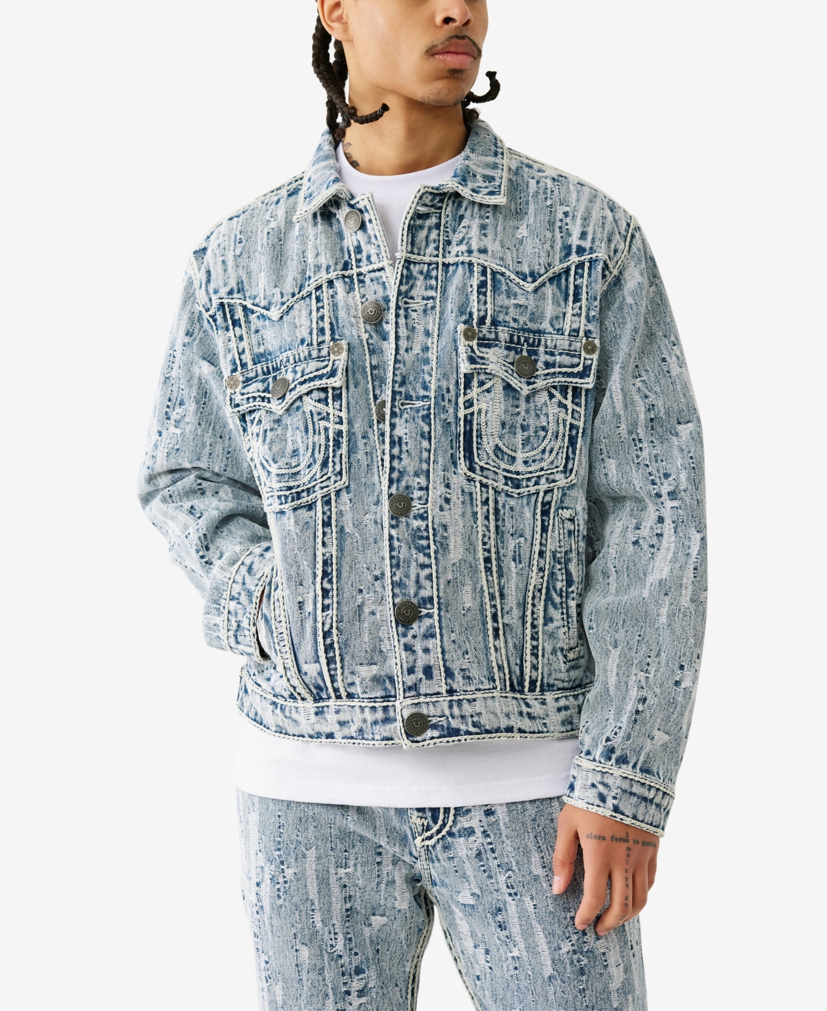 Men's Oversized Distressed Rope Stitch Jacket - City lights light wash