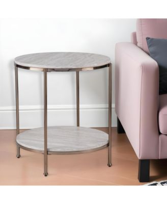 Faux Marble and Iron Round End Table with Shelf for Modern Living Room