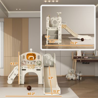 Qaba 7 in 1 Toddler Slide Playset Indoor Playground with Basketball Hoop Crawl Tunnel Cream White