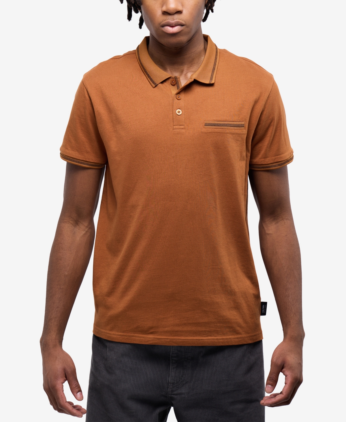 Men's Polo with Jacquard Rib and Chest Rib Pocket Polo Shirt - Heather brown