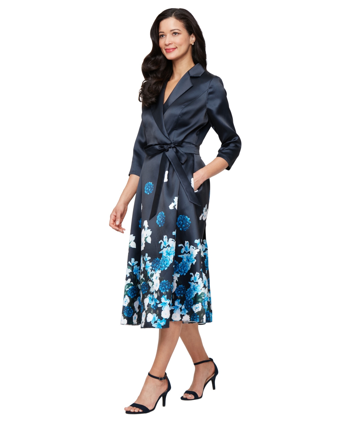 Women's Stretch Faille 3/4-Sleeve A-Line Dress - Navy Multi