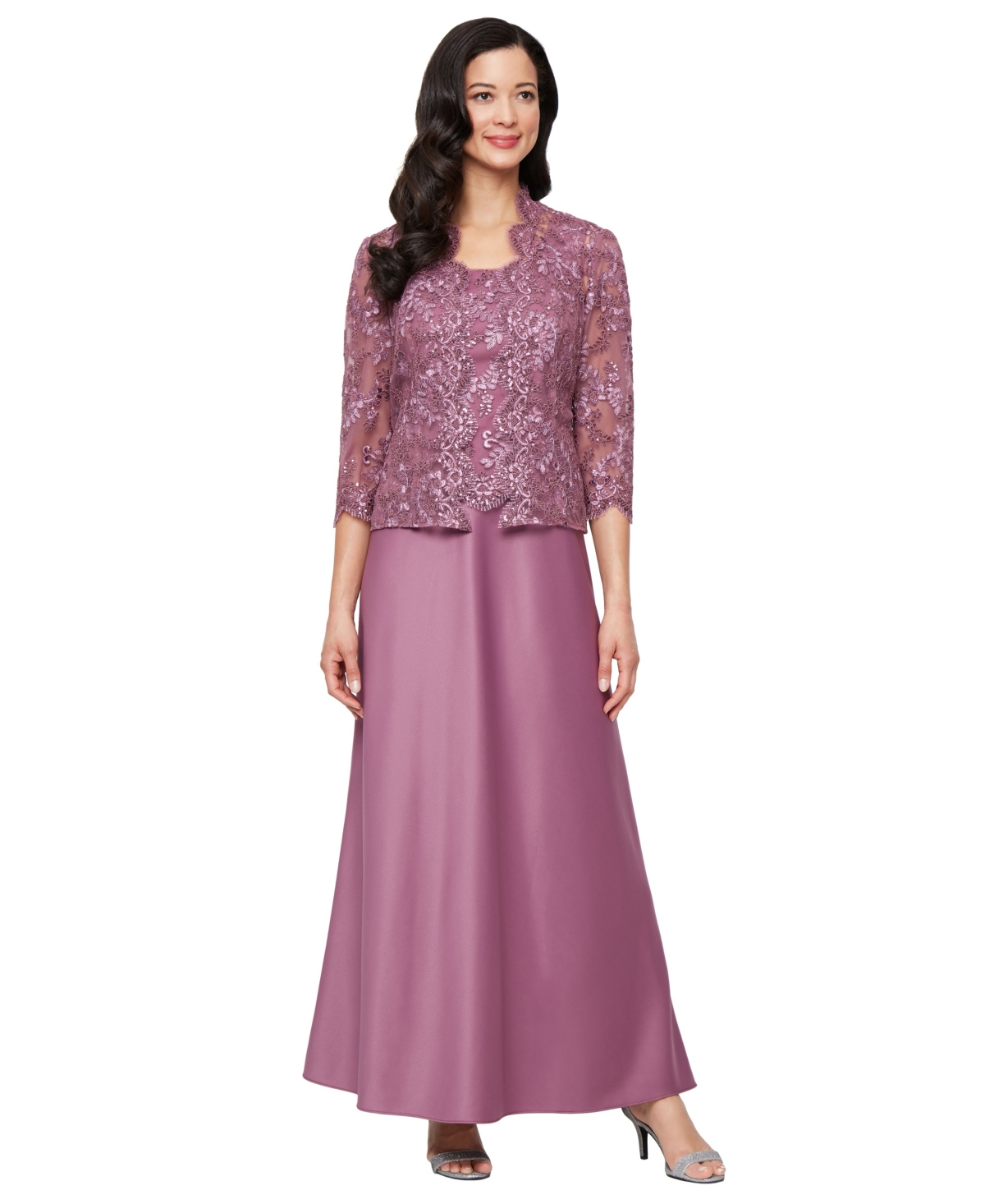Women's Stretch Tulle 3/4-Sleeve Jacket Dress - Dark Mauve