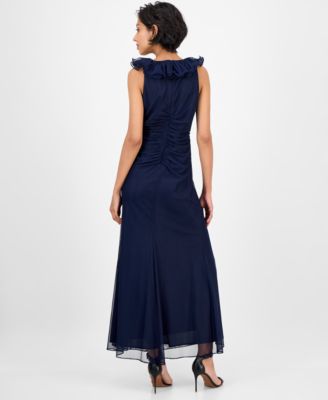 Petite Ruffled V-Neck Sleeveless Mesh Gown