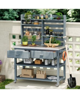Outdoor Potting Bench Table with Hutch & Stainless Top
