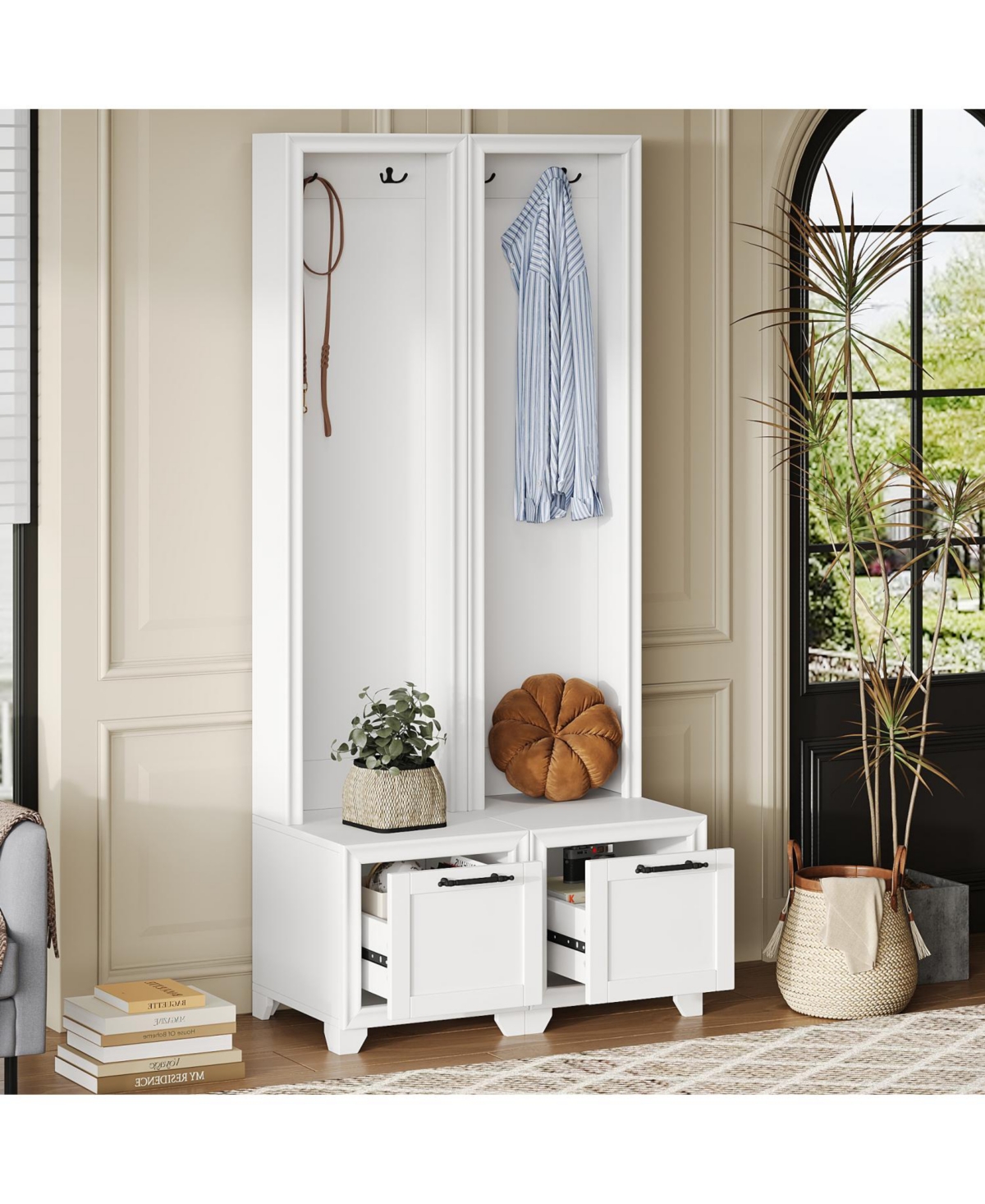 Hall Tree Set of 2 - Entryway Coat Rack & Bench - White