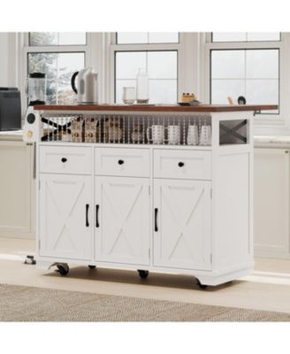 Farmhouse Kitchen Island Cart with Drop Leaf & Wheels