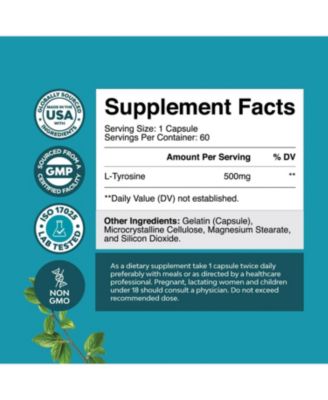 L-Tyrosine Capsule, High Strength L-Tyrosine Supplement | for Mental Energy, Mood, Focus, Attention & Cognition | 60ct