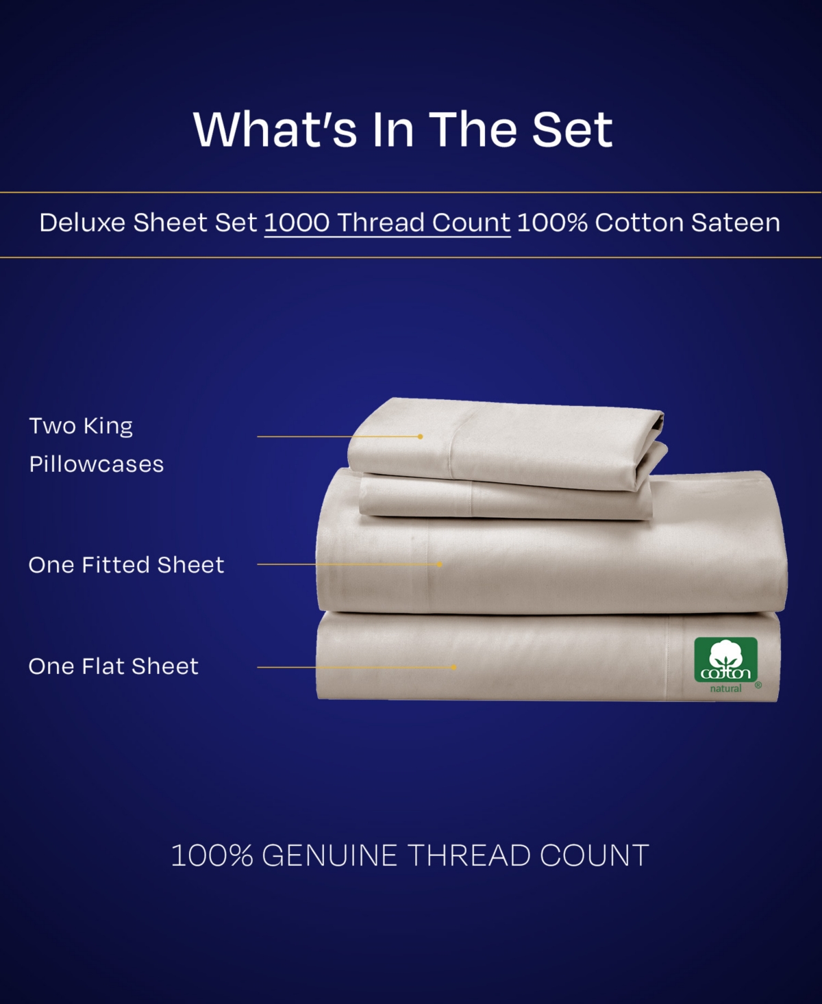 Luxury 1000 Thread Count Bed Sheets Set - 100% Cotton Sateen Soft