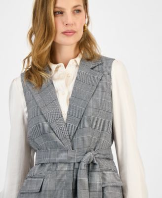 Women's Checkered-Print Belted Vest, Regular & Petite