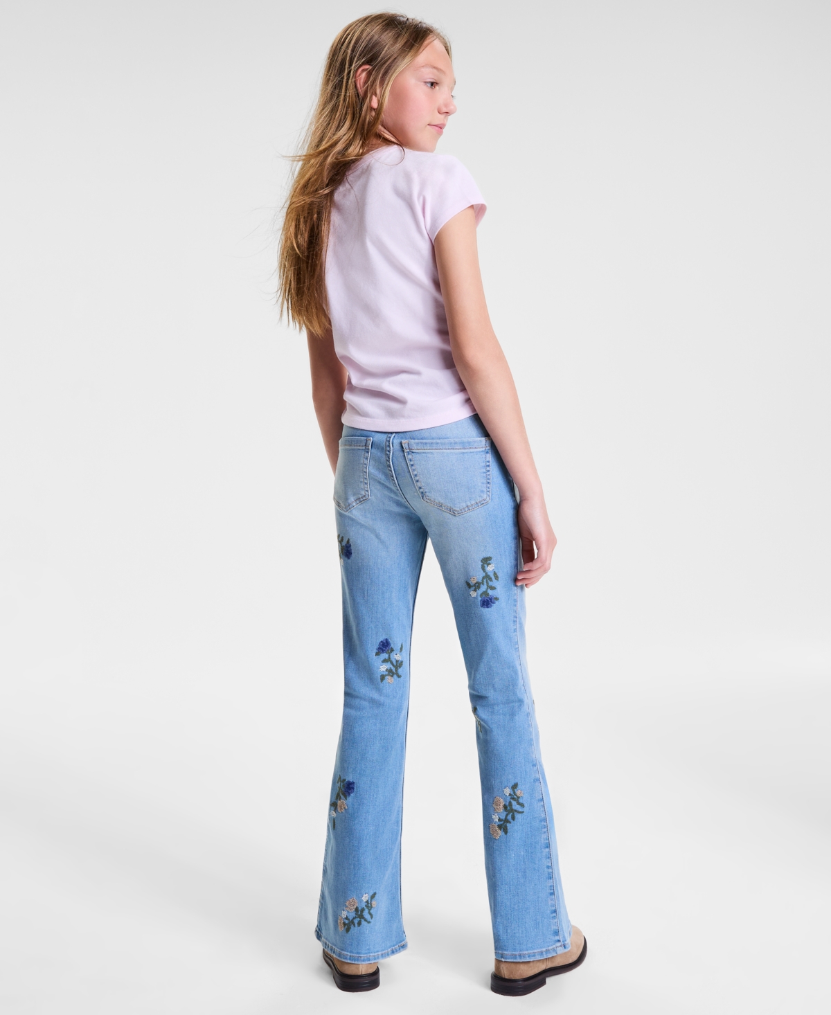 Abercrombie Girls High-rise Floral Embroidered Flared Jeans In Blue