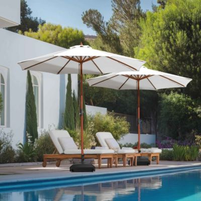 9ft Solid Wood Outdoor Patio Umbrella with Base Included Parasol Wheels Stand for Bistro Market Garden Deck Yard Poolside White