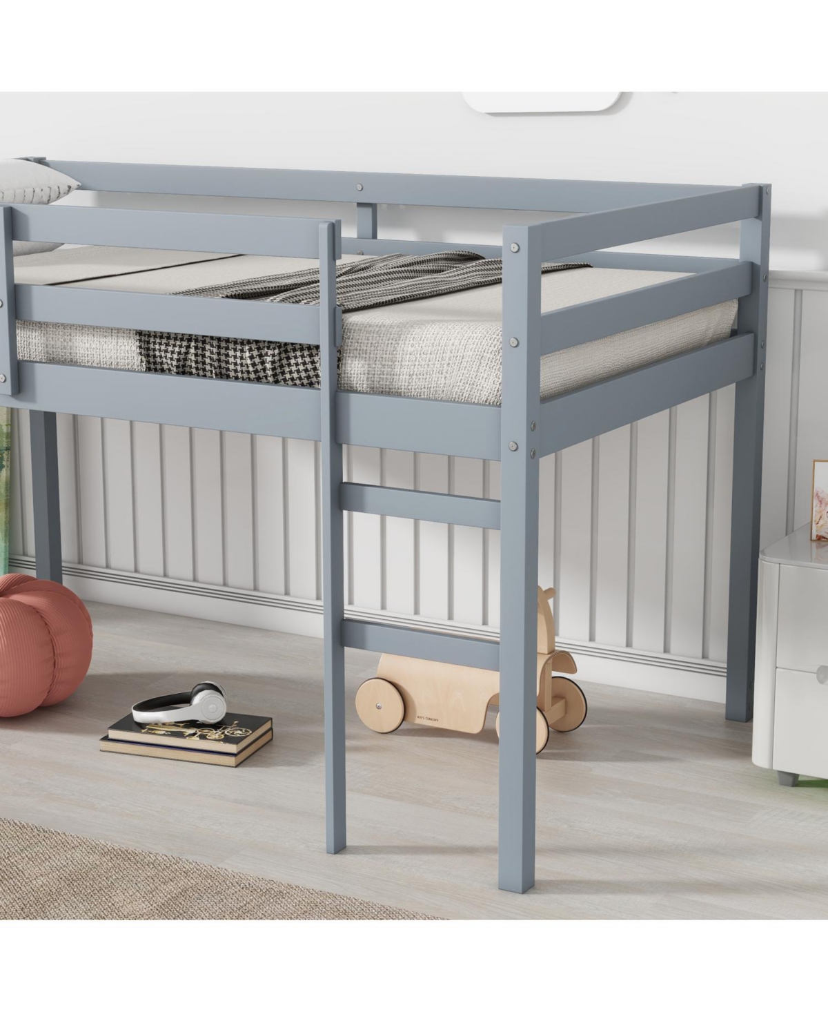 Streamdale Furniture Solid Wooden, Rubber Wooden Twin Loft Bed with Ladder, Bed Platform of Strengthened Slats, Grey