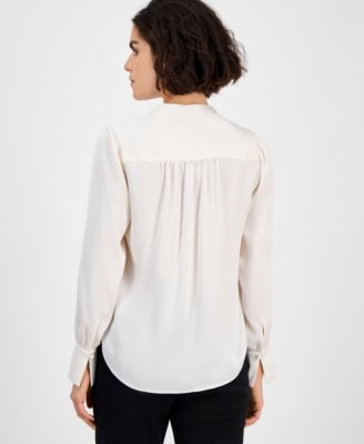 Women's Textured Split-Neck Long-Sleeve Top